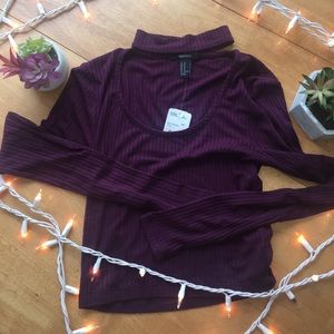 NWT plum long sleeve crop top with neck strap